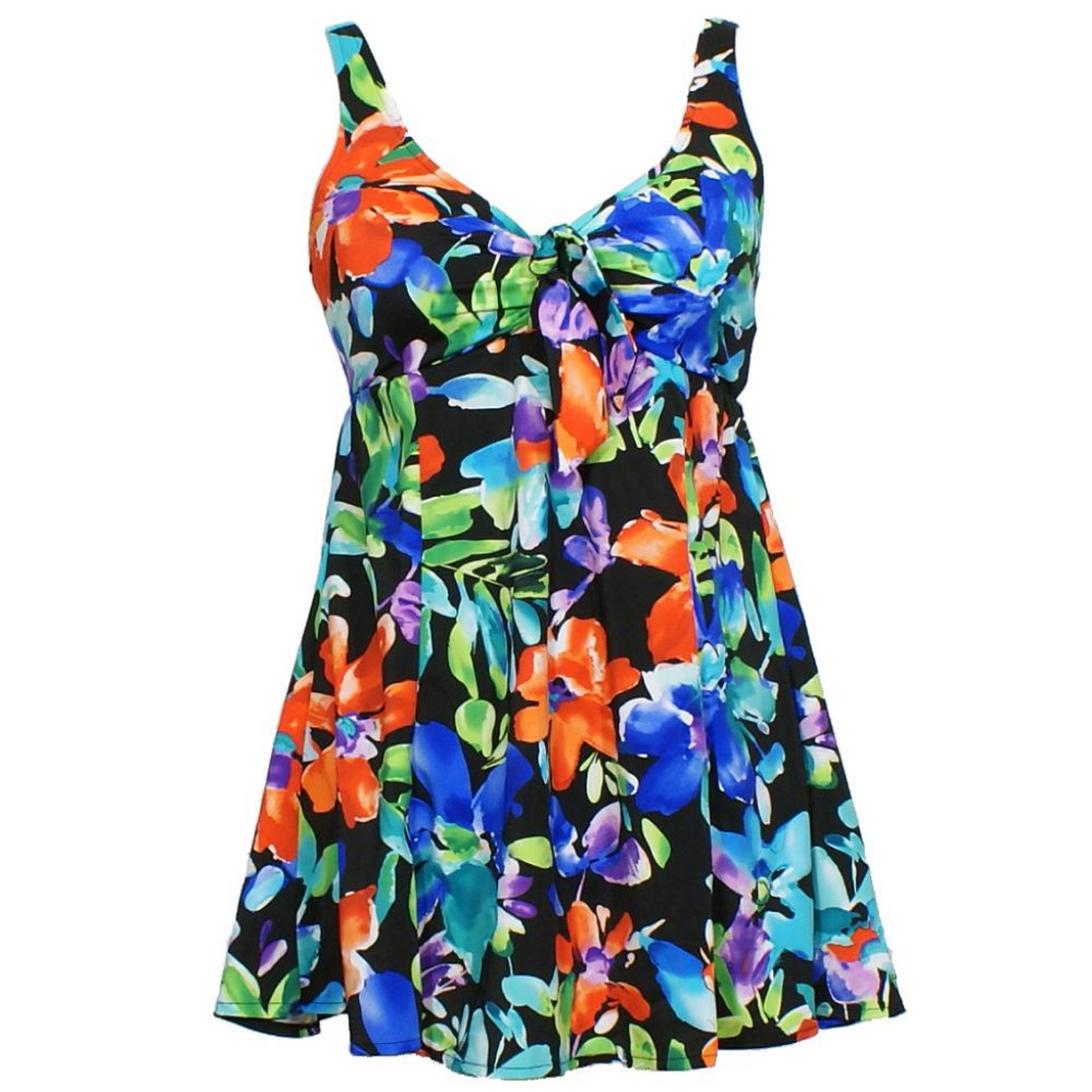 Black Floral Bow Front Tummy Control Swimdress 8